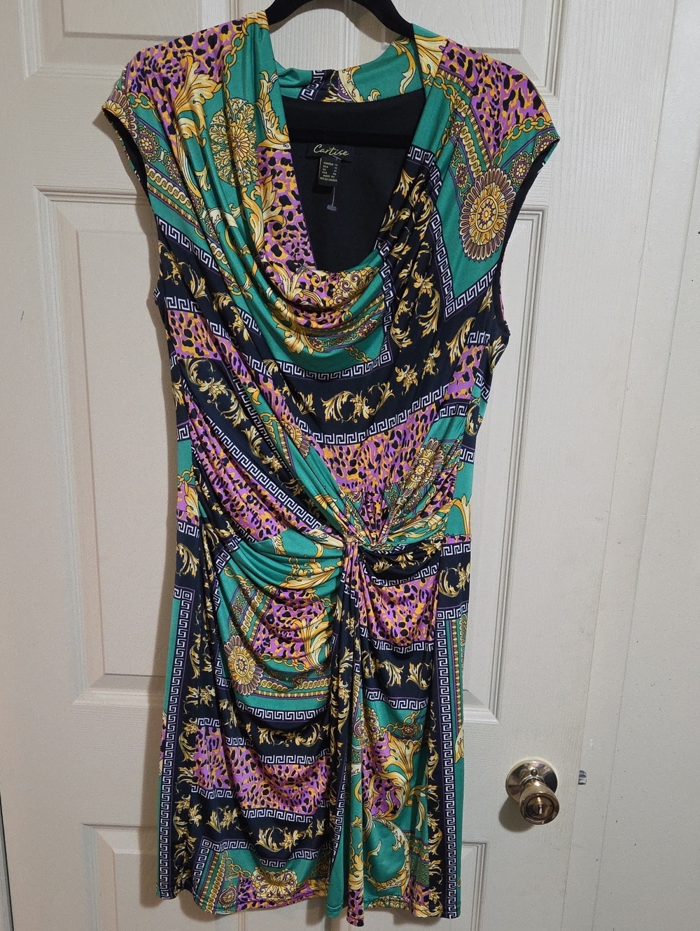 Cartise Green, Purple & Black Knot-Front Midi Dress